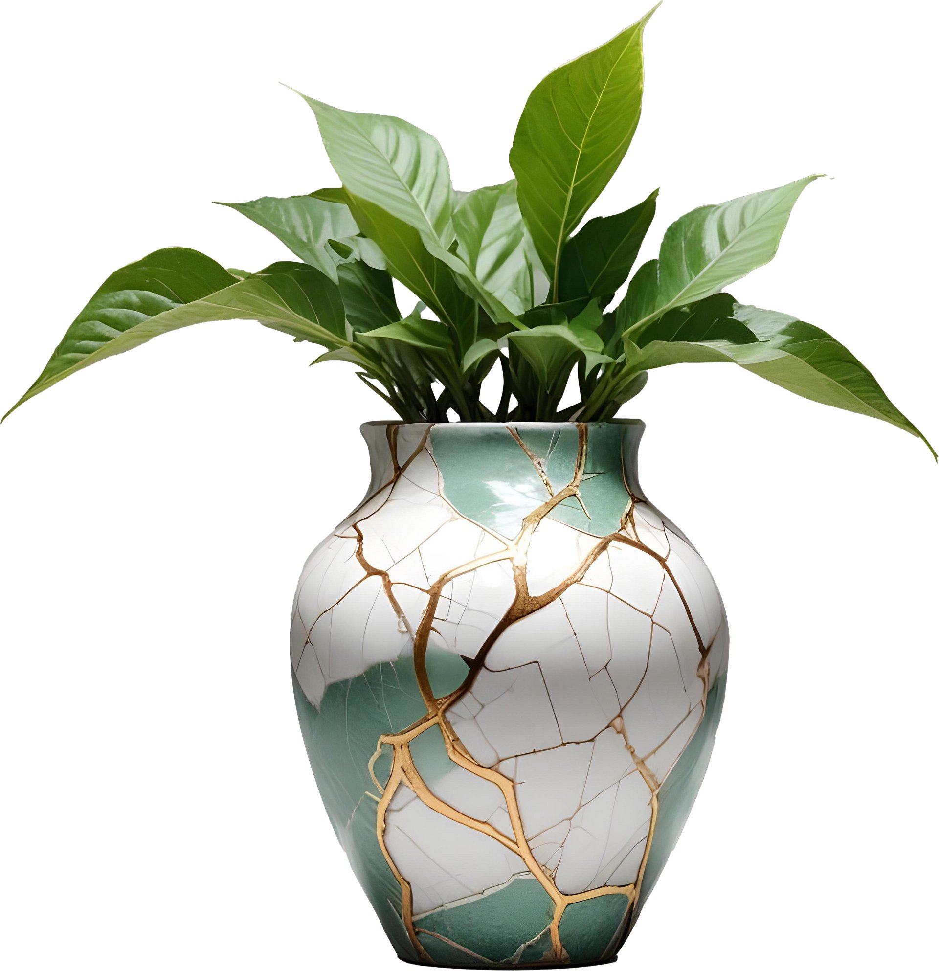 Kintsugi Serenity – Green and White Planter with Golden Cracks PNG product image (1)