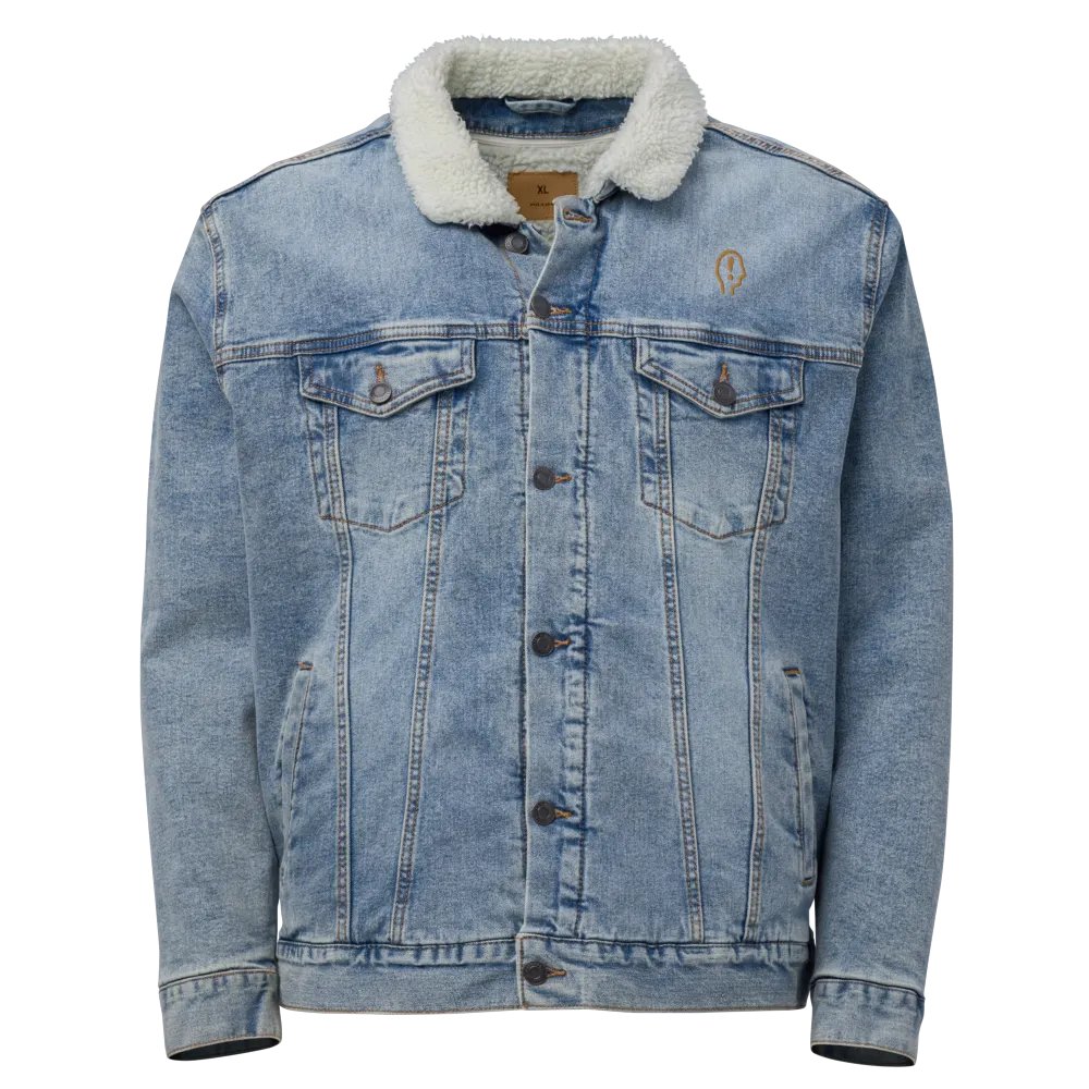 EXCLAIMING MENTALLY (brass) embroidered denim sherpa jacket product image (1)