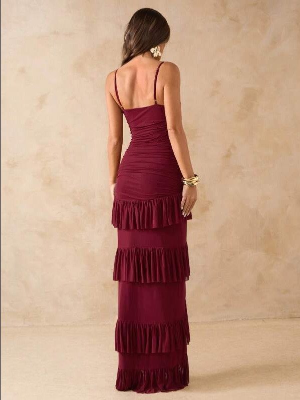 Women's Solid Color Wine Red High Slit Backless Ruffle Hem Mesh Dress, Suitable For Beach Vacation, Date, Brunch, Wedding Guest Wear, Spring/Summer Party Dresses For Women product image (2)