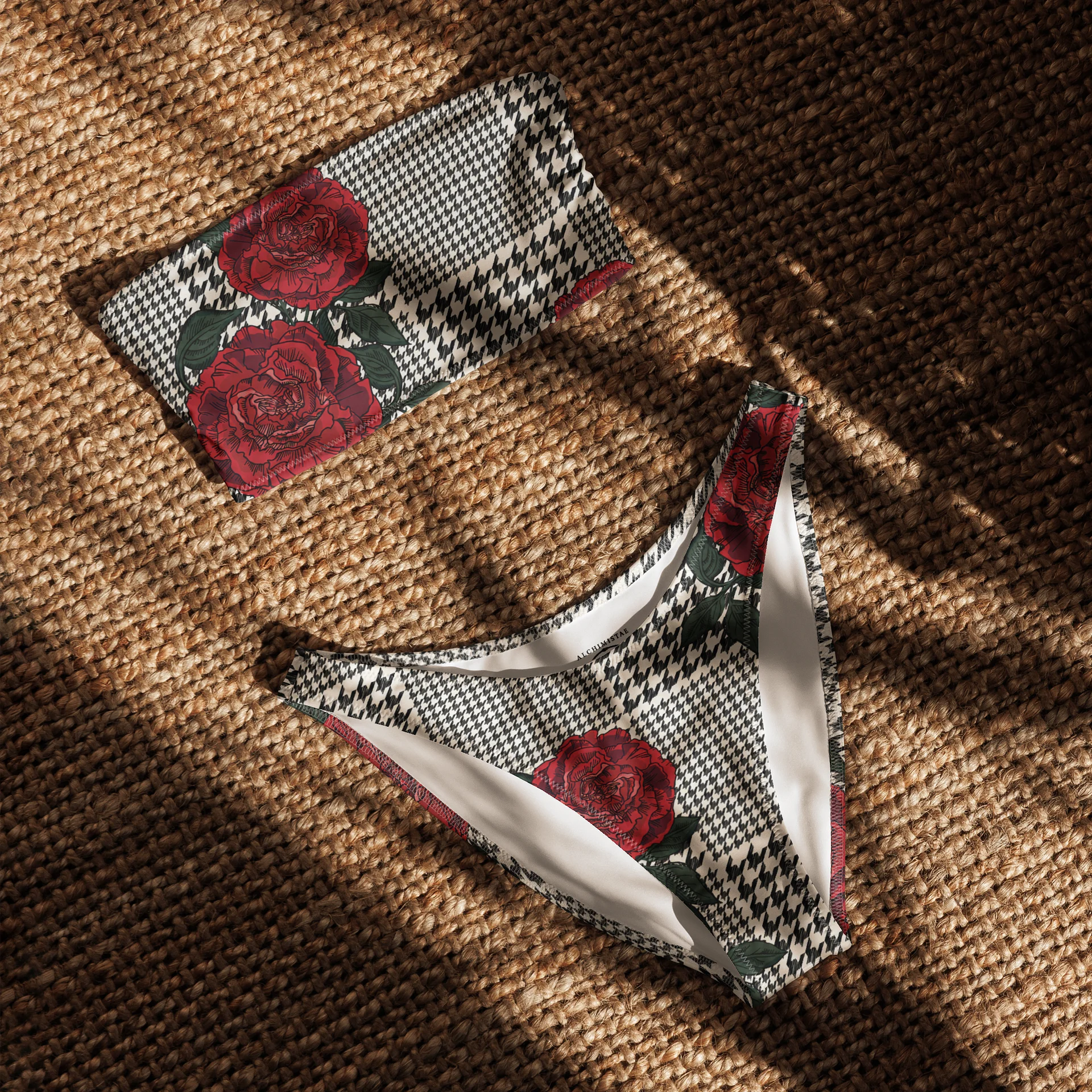 BIKINI BANDEAU FEMME IMPRIMÉ PIED-DE-POULE & ROSES – ALCHIMISTAE product image (7)