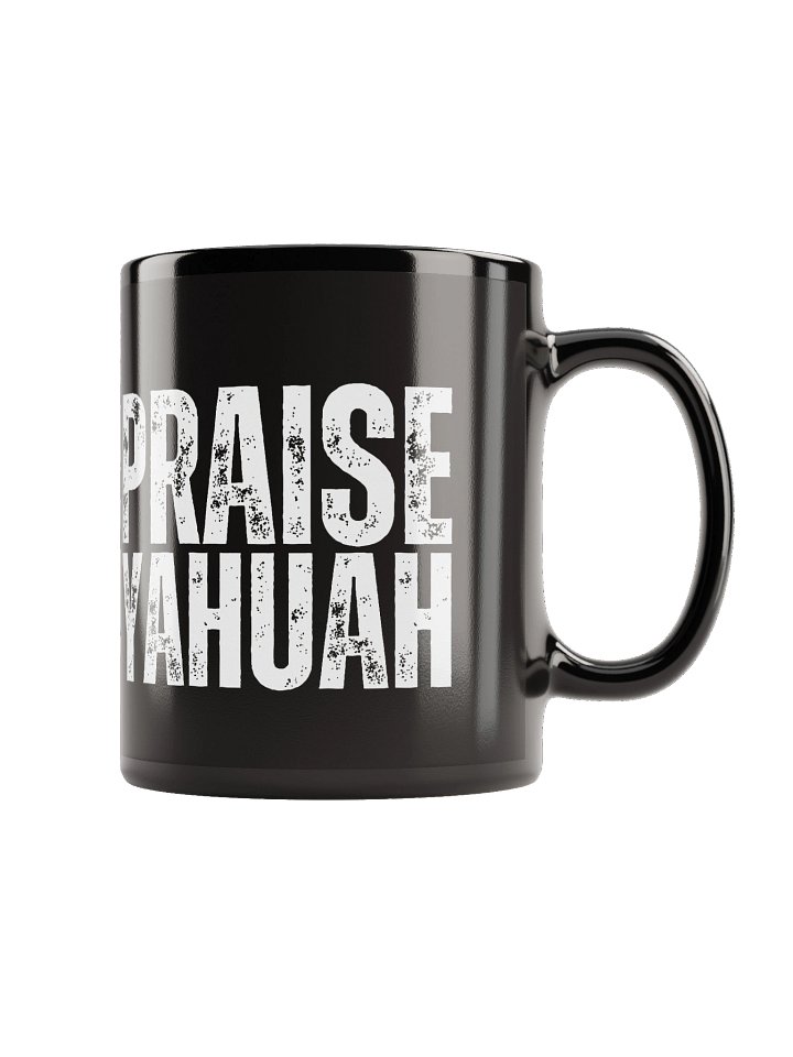 PRAISE YAHUAH Black Distressed Style Mug | Glossy Ceramic Hebrew Cup product image (1)