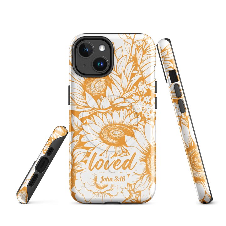 Loved John 3:16, Tough MagSafe® iPhone® Magnetic Case Scripture, Sunflower Bible Verse, iPhone 14, 15, 16, 17, Pro, Pro Max, Plus Cases. product image (1)