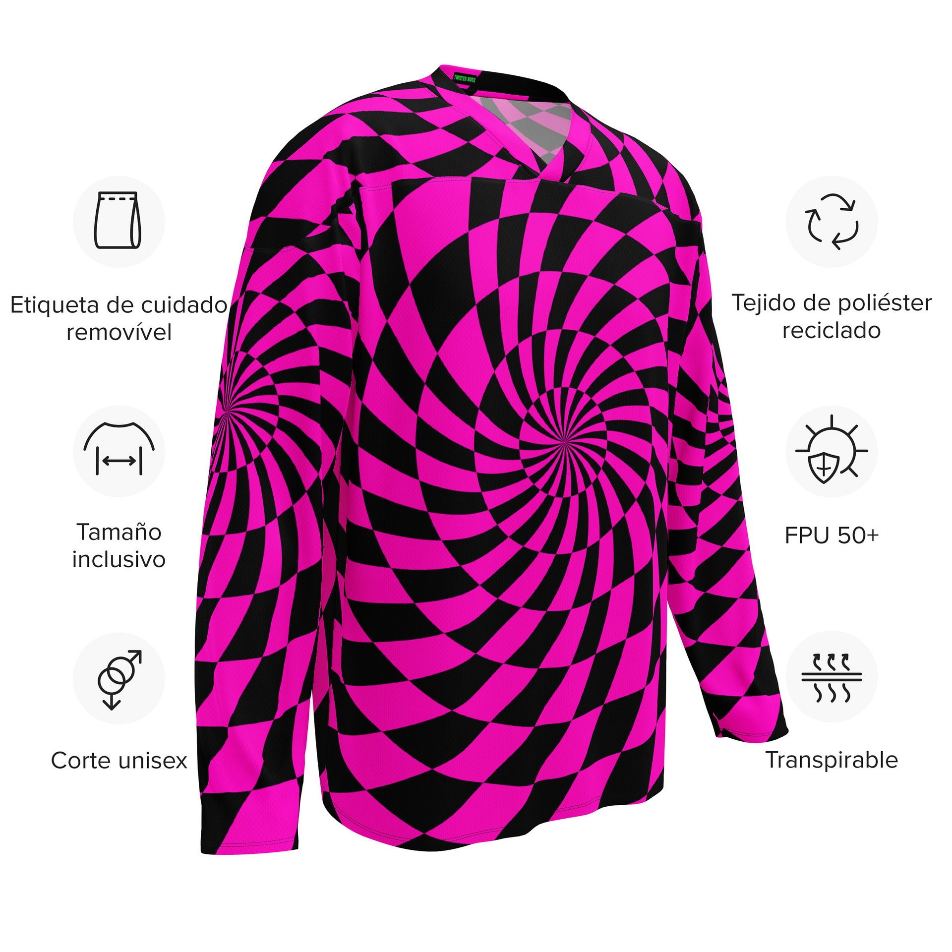 Psychedelic Rave EDM Hockey Jersey, Hot Pink Black Checkers Swirl Shirt, Trippy Techno Top Festival Fashion, Comfy Dance Party Clothing product image (11)