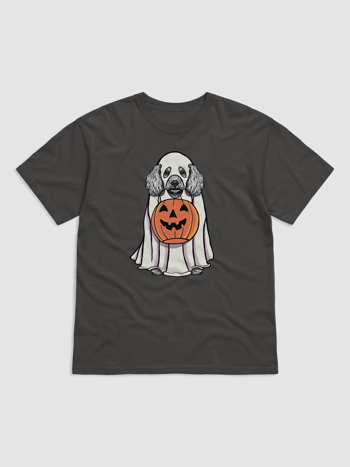Funny Halloween Mini Poodle(Gray) T-Shirt | Funny Poodle Wearing a Ghost Costume and Holding a Pumpkin Basket product image (1)