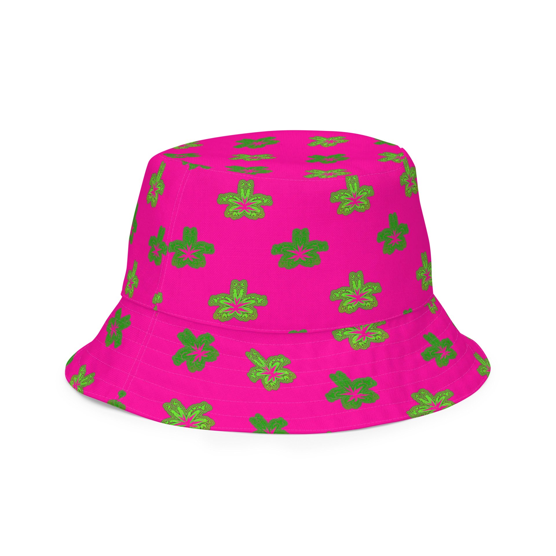 Clowny Cannabis 420 Flower Reversible Bucket Hat, Stoner Circus Weed Art, Hot Pink Green Purple Pot Leaf Pattern 420 Fashion product image (3)