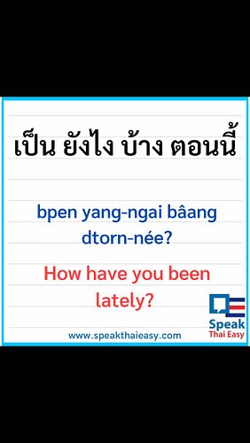 ✍️เป็น ยังไง บ้าง ตอน นี้
bpen yang-ngai bâang dton née
How have you been lately?

#SpeakThaiEasy #speakthai #LearnThai #Basi...