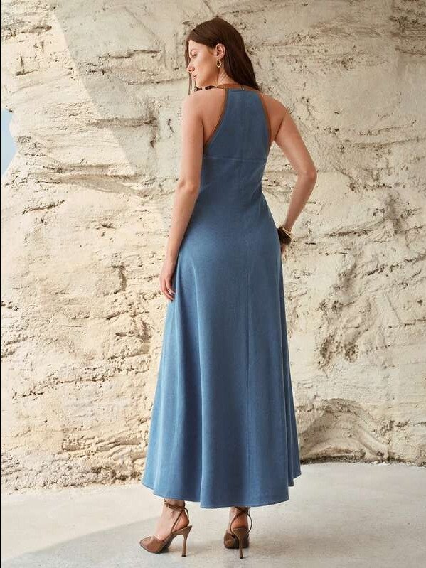 MOTF PREMIUM WOMEN'S CONTRAST COLOR DESIGN HALTER WAIST CINCHING SLIM DENIM DRESS, SPRING/SUMMER product image (2)