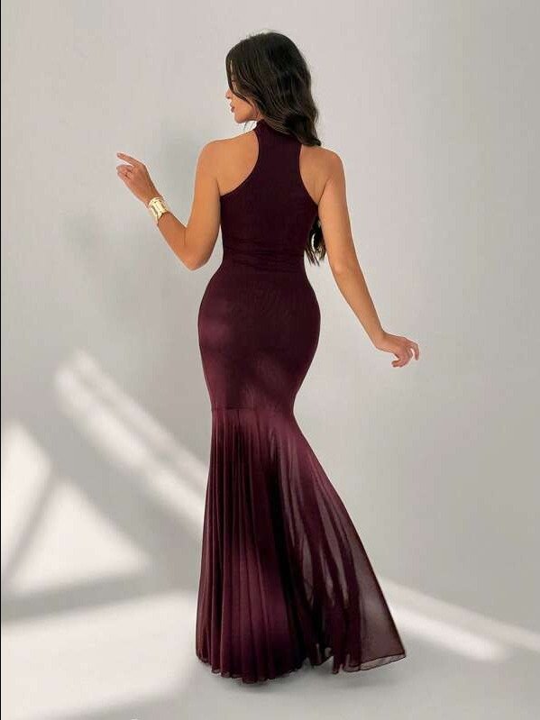 Tall Spring/Summer Women's Solid Purple Halter Neck Metal Buckle Spliced ​​Semi-Sheer Full Skirt Elegant Maxi Dress, Wedding Guest Dress, Birthday Dress, Elegant Dress,Summer Dresses For Women product image (2)