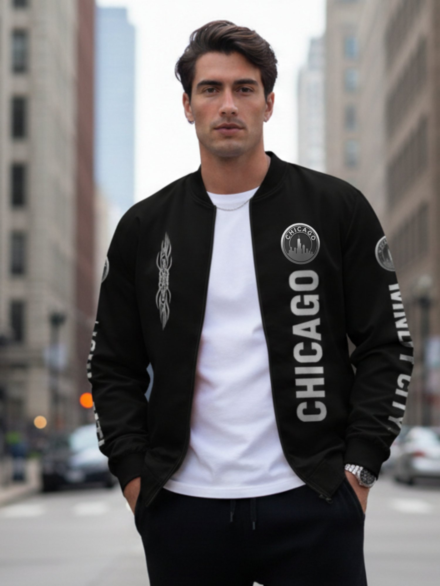 Grizzly Mode™ Black & Silver Bomber Jacket | Chicago | Home Locker Edition product image (1)