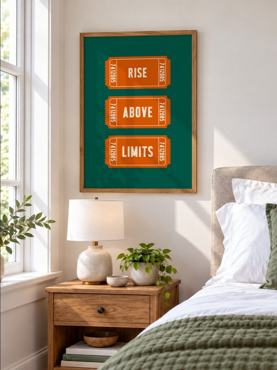 Rise Above Limits Motivational Poster, Retro Ticket Print, Dark Green Orange Typography Wall Art, Uplifting Art, Printable Inspirational Art product image (5)