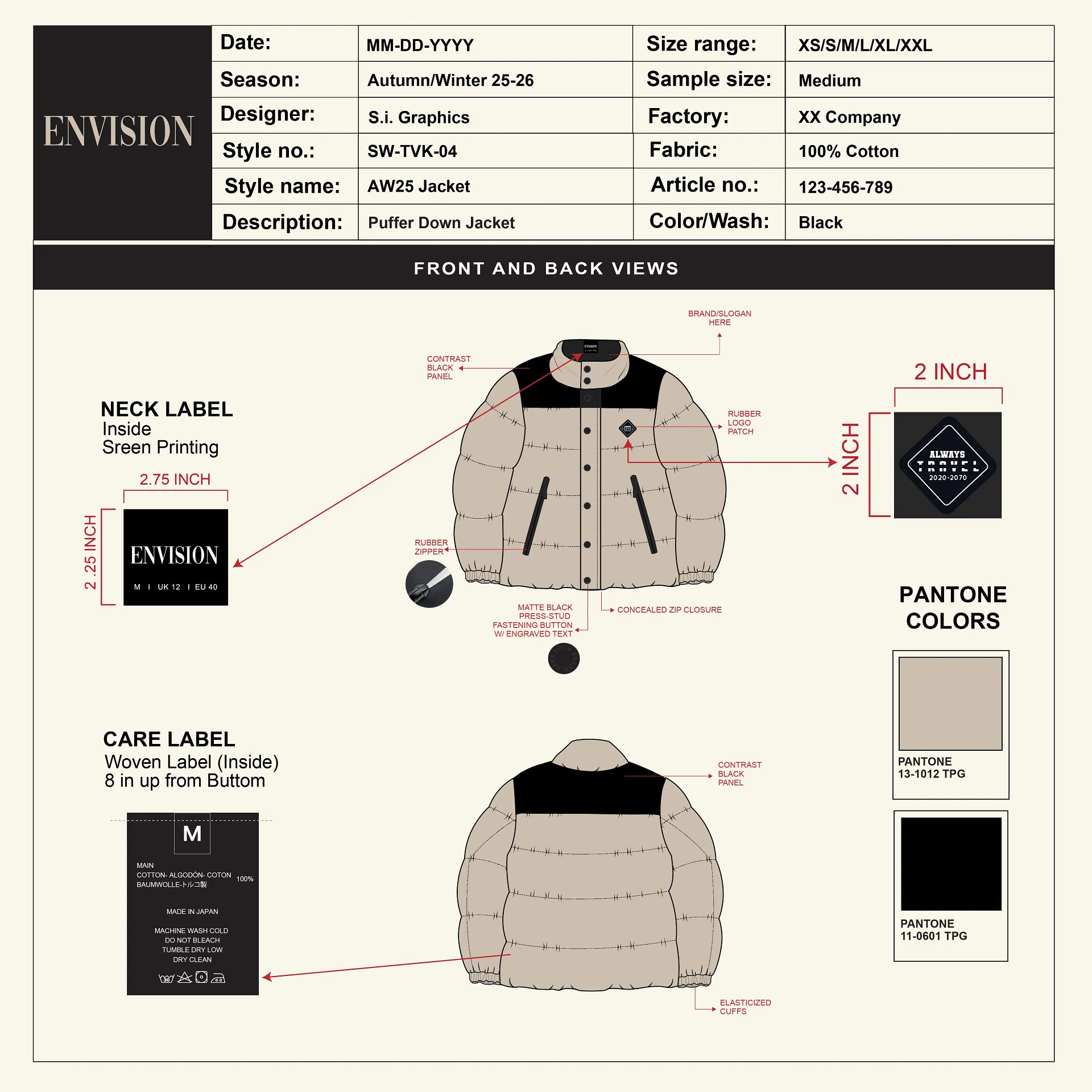 Puffer Down Jacket Tech Pack Template product image (2)