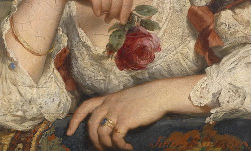 Painted around 1900, Dame An Der Brüstung Mit Rose is a portrait by the German artist Julius Schrader, a prominent member of ...