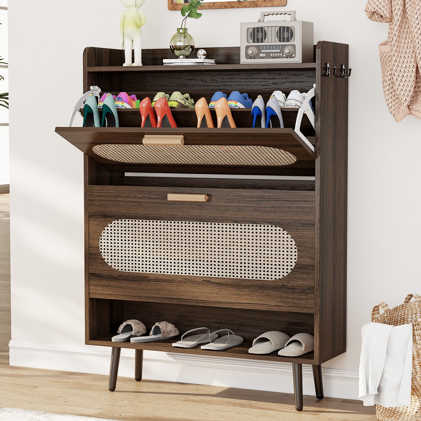 Shoe Cabinet with Natural Rattan Flip Drawers for Entryway Free Standing Slim Shoe Storage Organizer with 2 Flip Drawers Walnut product image (1)