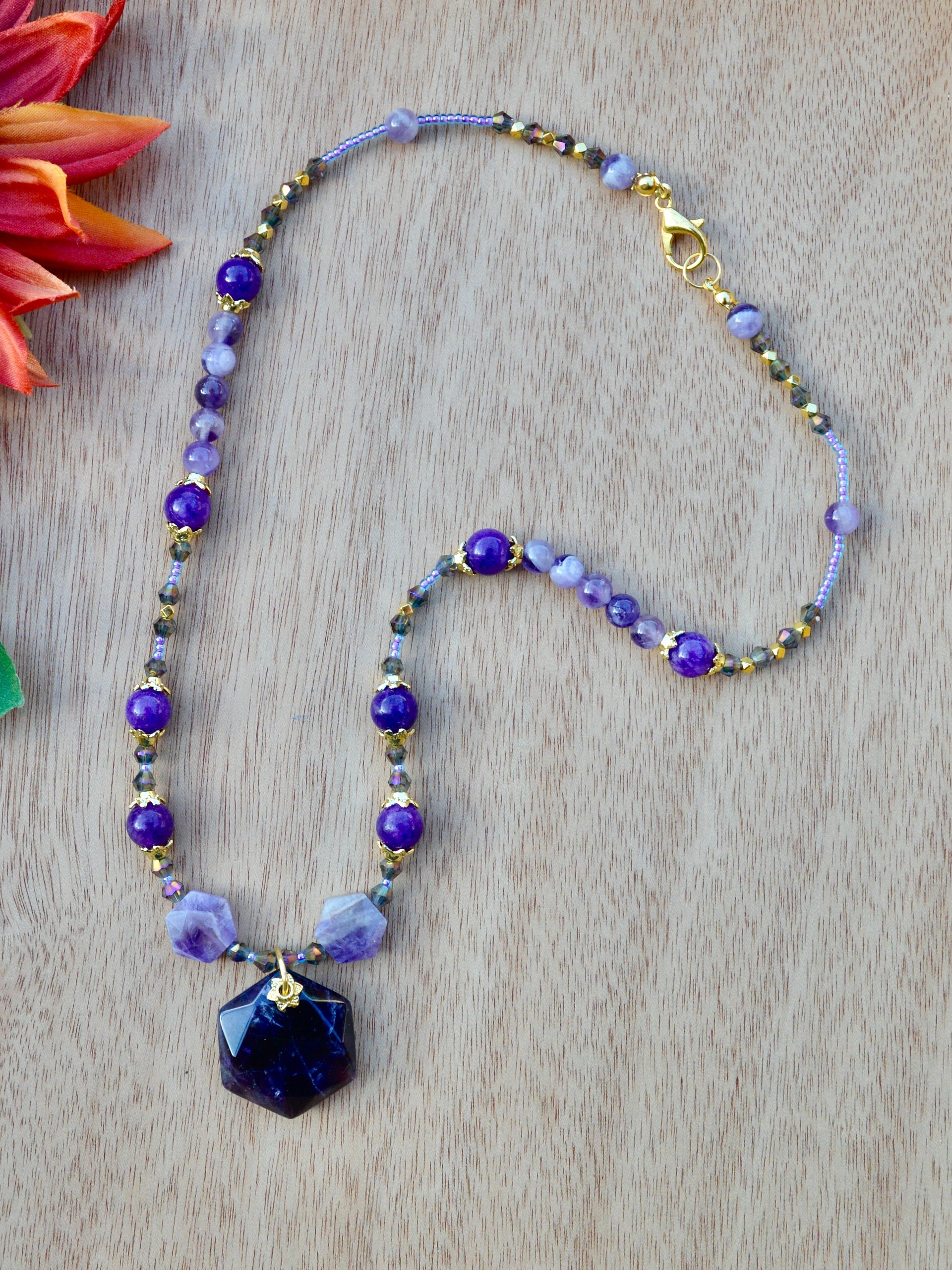 Purple Amethyst Hexagon Pendant Beaded Necklace With Gold Bead Caps product image (1)