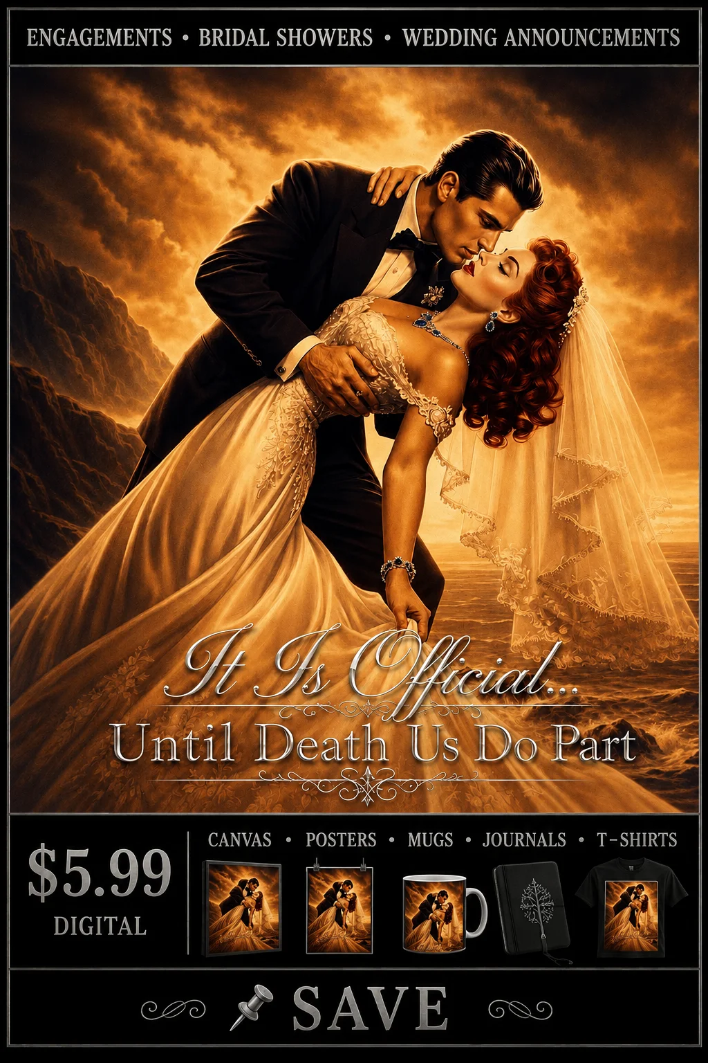 It Is Official Wedding Wall Art | Gothic Romance Bride Groom | Bridal Shower Engagement Gift product image (1)