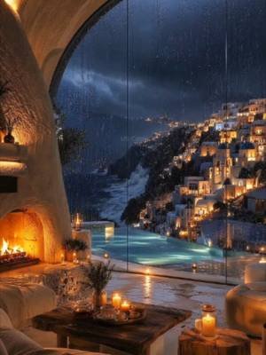 Peaceful rainy night in a Santorini infinity villa with cozy fireplace ambience, heavy rain sounds, relaxing rain ASMR, and glowing Mediterranean lights. Your private island escape 🌧️🌊🔥 Would you live here? #cozyhome #rainydayvibes #fireplace #rain #rainyday