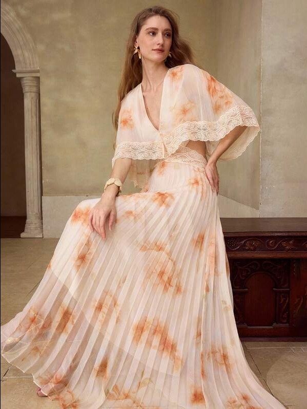 MOTF PREMIUM ROMANTIC PLEATED LACE PRINTED LONG DRESS, SUITABLE FOR SPRING/SUMMER DATES product image (1)