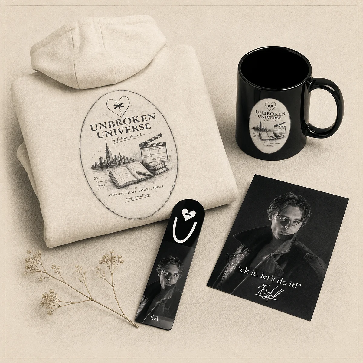 Unbroken Universe hoodie, mug, bookmark, and art print