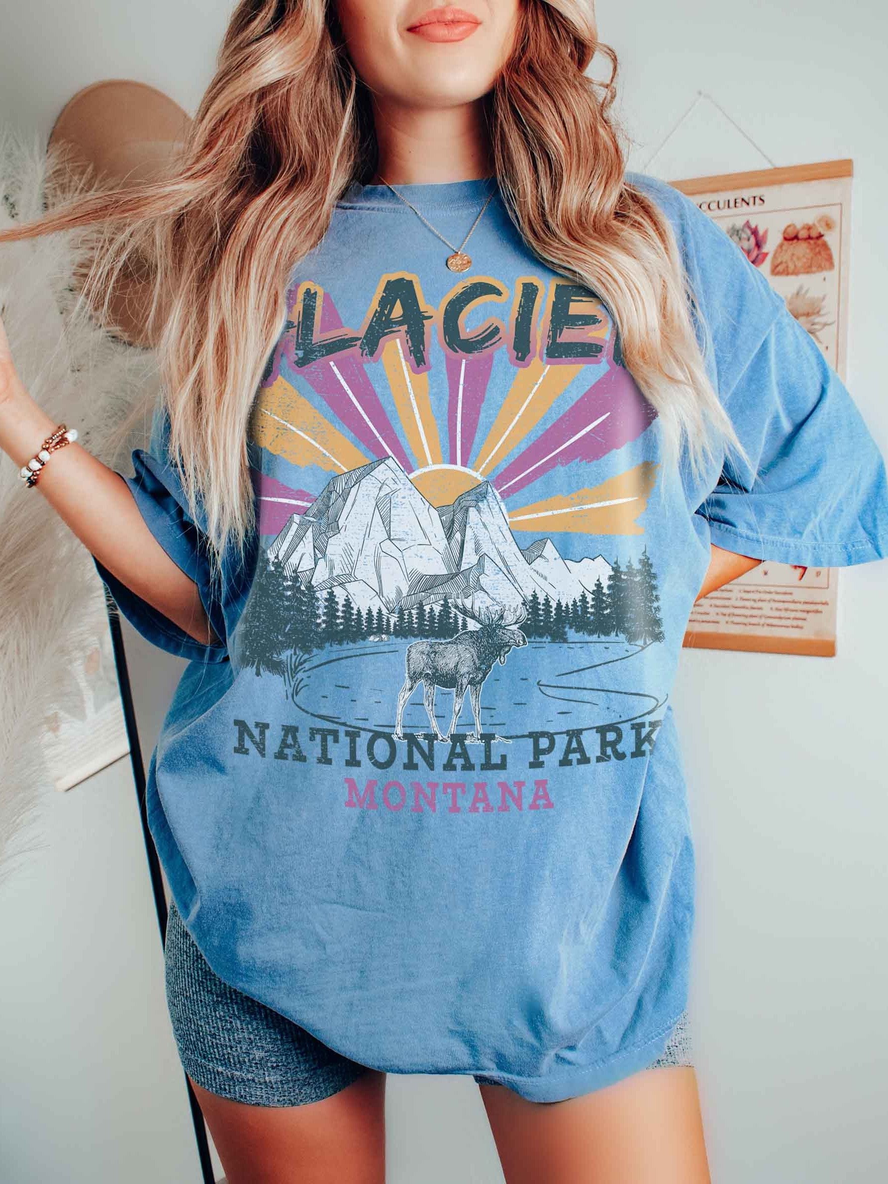 Glacier National Park Montana Shirt – Vintage Sunset Mountain Moose Retro Travel Tee product image (2)