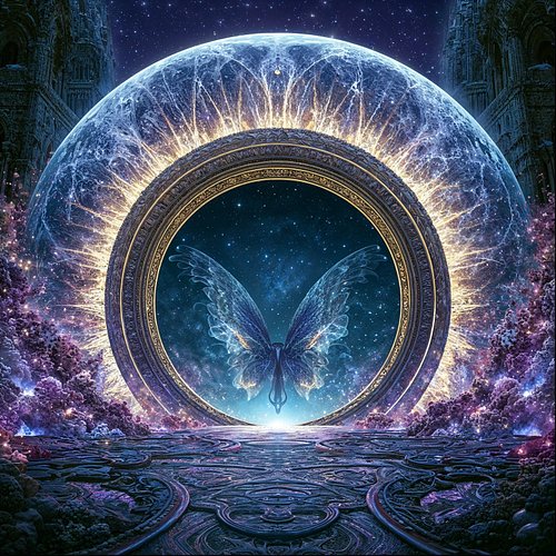 She emerges through the threshold. A butterfly born of starlight, wings traced with the memory of every transformation that c...