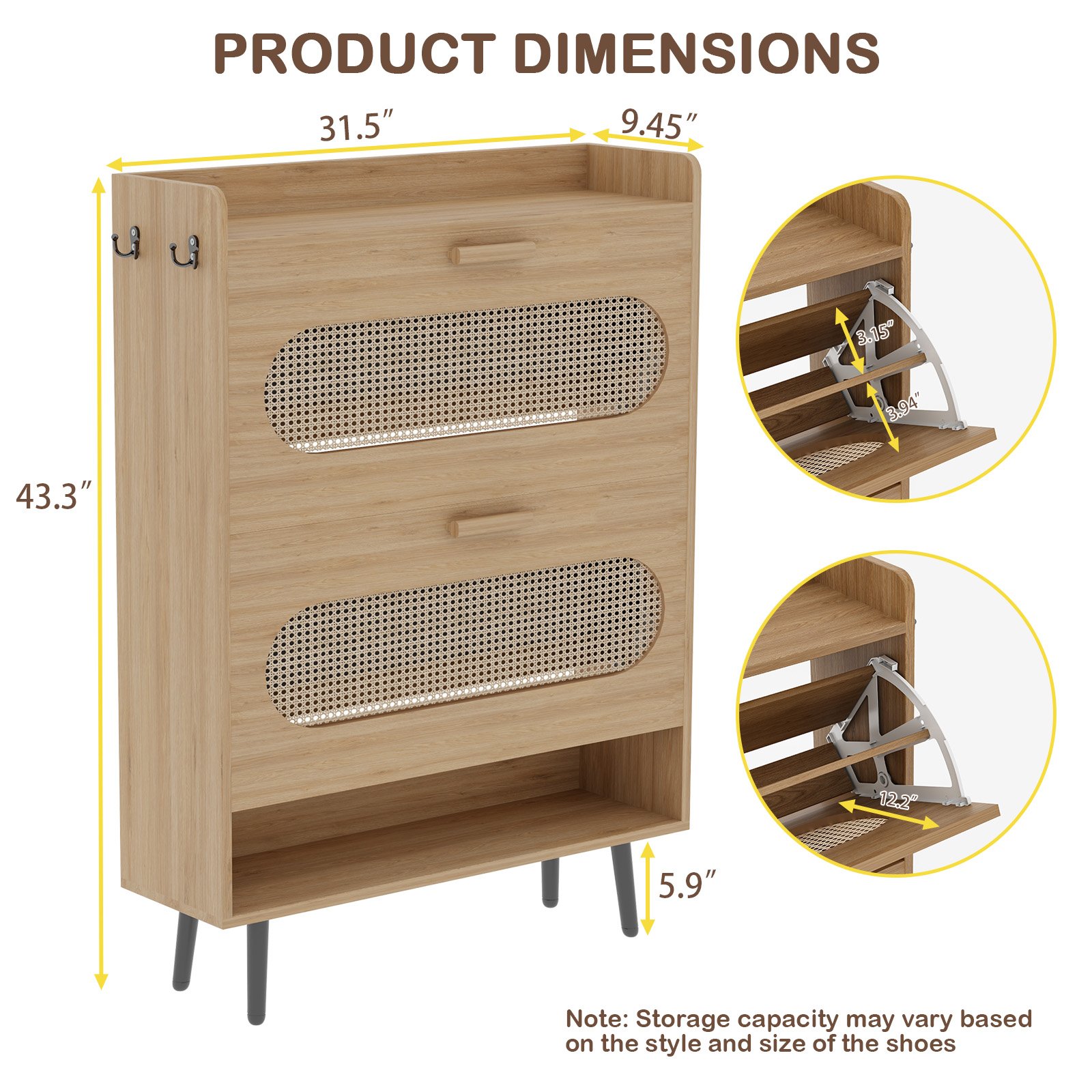 Shoe Cabinet with Natural Rattan Flip Drawers for Entryway Free Standing Slim Shoe Storage Organizer with 2 Flip Drawers Natural product image (2)