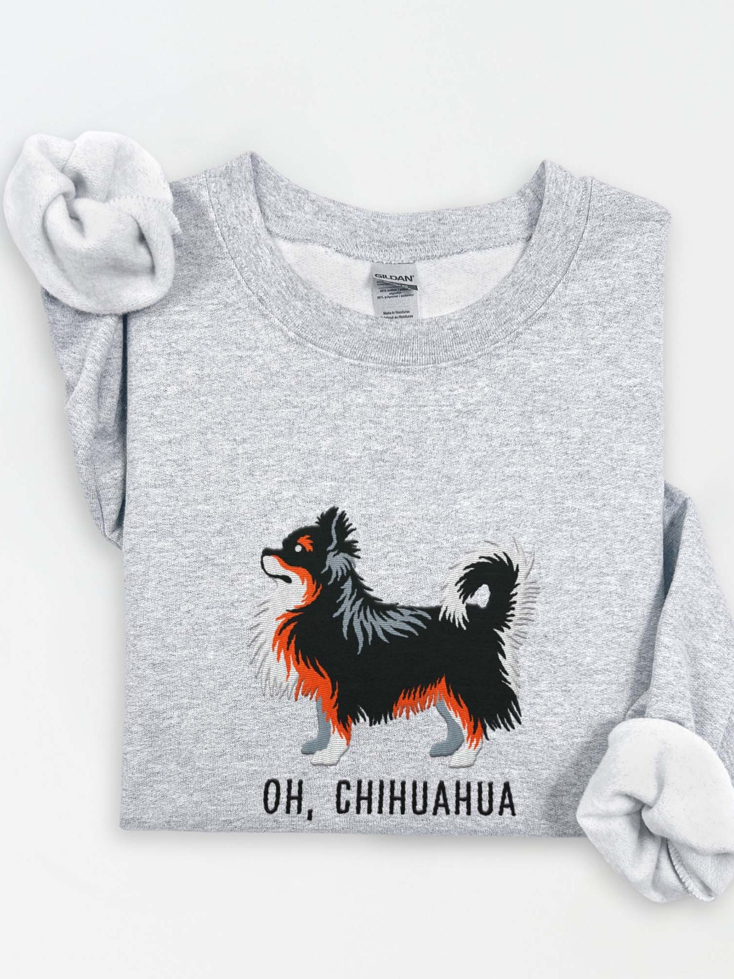 Oh, Chihuahua Sweatshirt (Embroidered) of a Longhaired Chihuahua(Tricolor) product image (1)