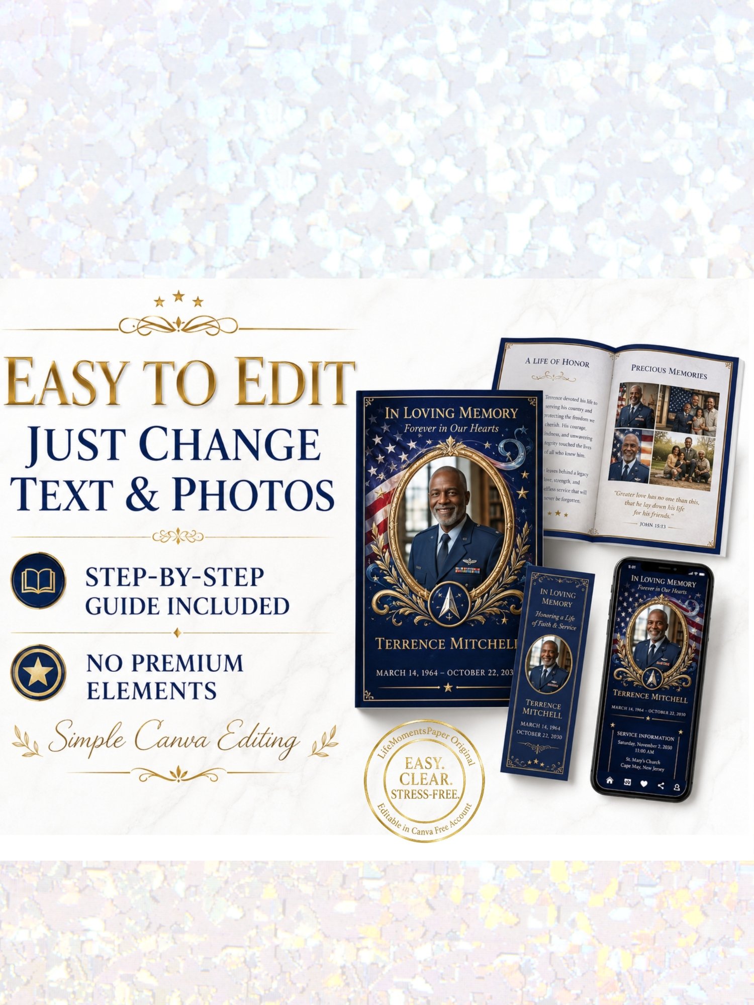 Military Funeral Program Template | 6-Page Patriotic Veterans Memorial Trifold | Canva 11x8.5 & 14x8.5 product image (5)
