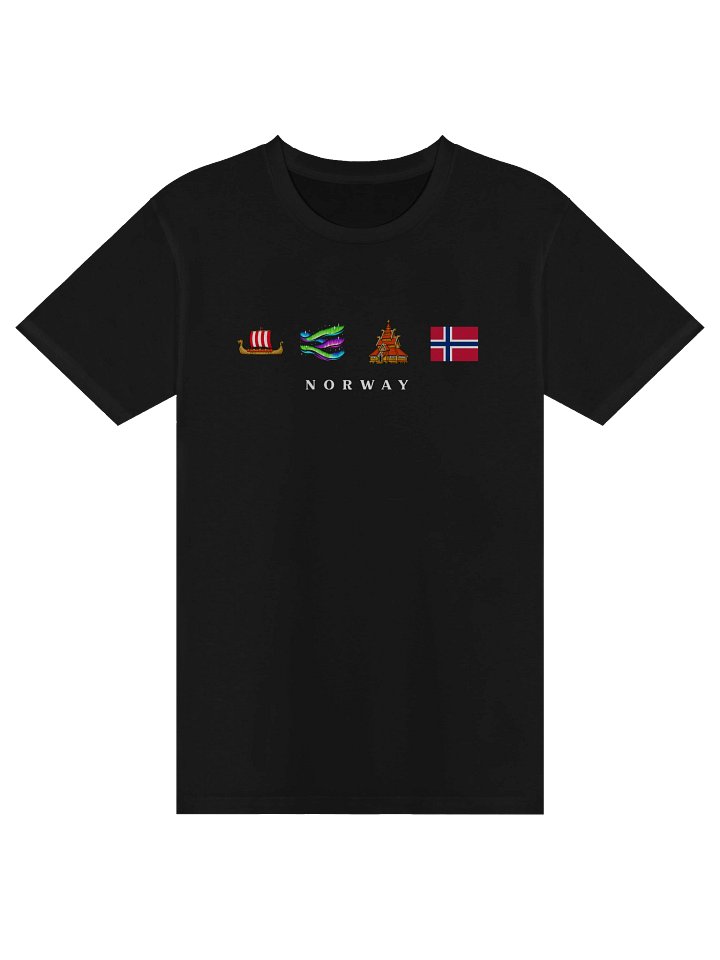 Norway Heritage Black T-Shirt | Sky Glow, Wooden Vessel & Tiered Roof Graphic on Premium Cotton product image (1)