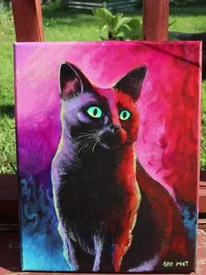 Black Cat acrylic on canvas. Black cats have a vibe. They are a dark mysterious void from whichtwo eyes shine out like omniscient lanterns. I hope I captured that otherworldly aura. #darkart #artwork #painting #cats