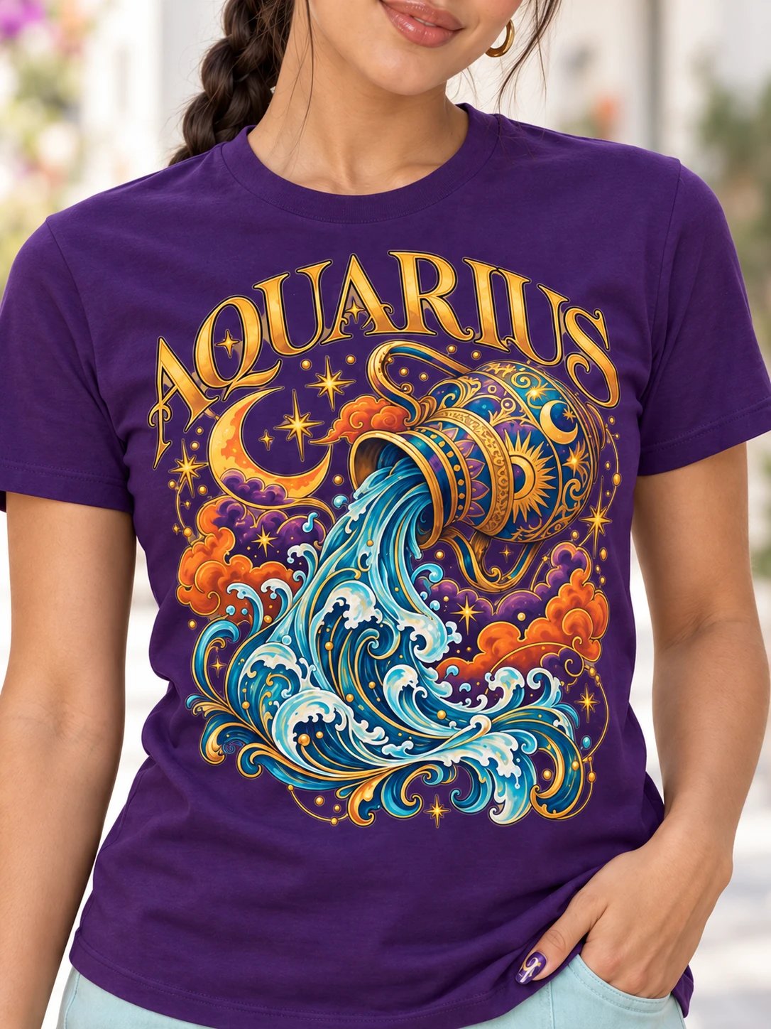 Aquarius Zodiac T-Shirt With Celestial Water Bearer Art product image (1)