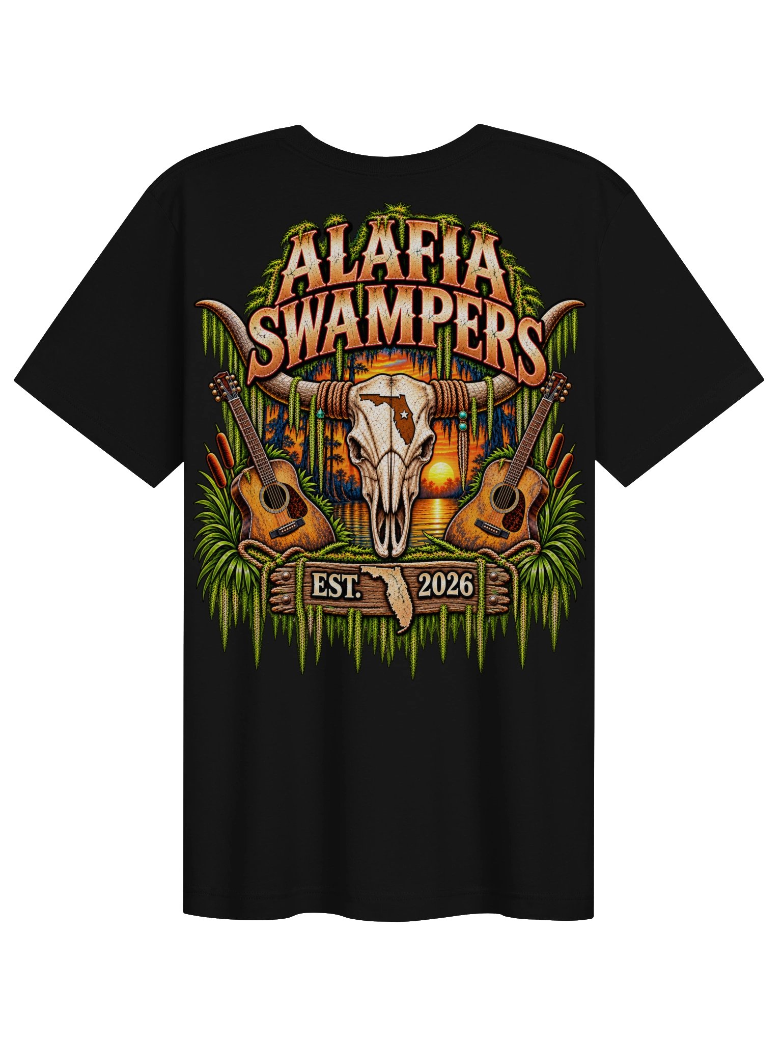 Alafia Swampers Cow Skull 2 Acoustic Guitars T-Shirt product image (1)