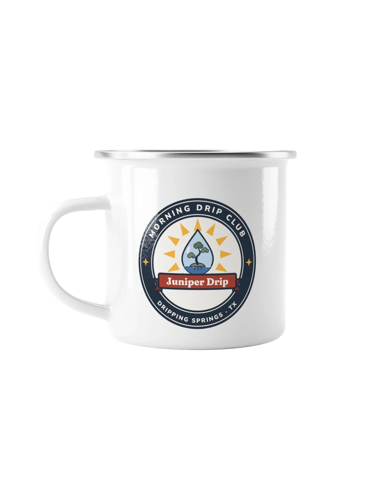 Morning Drip Club Camp Mug: a ranch-style badge with the Juniper Drip droplet over a yellow sunrise
