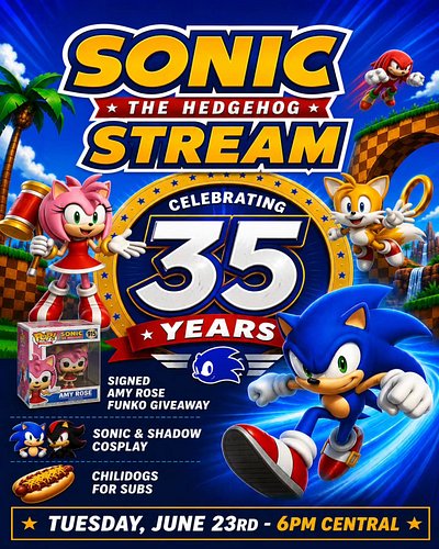 Celebrating 35 years of our favorite blue hedgehog!

Sonic Stream TODAY at 6pm Central