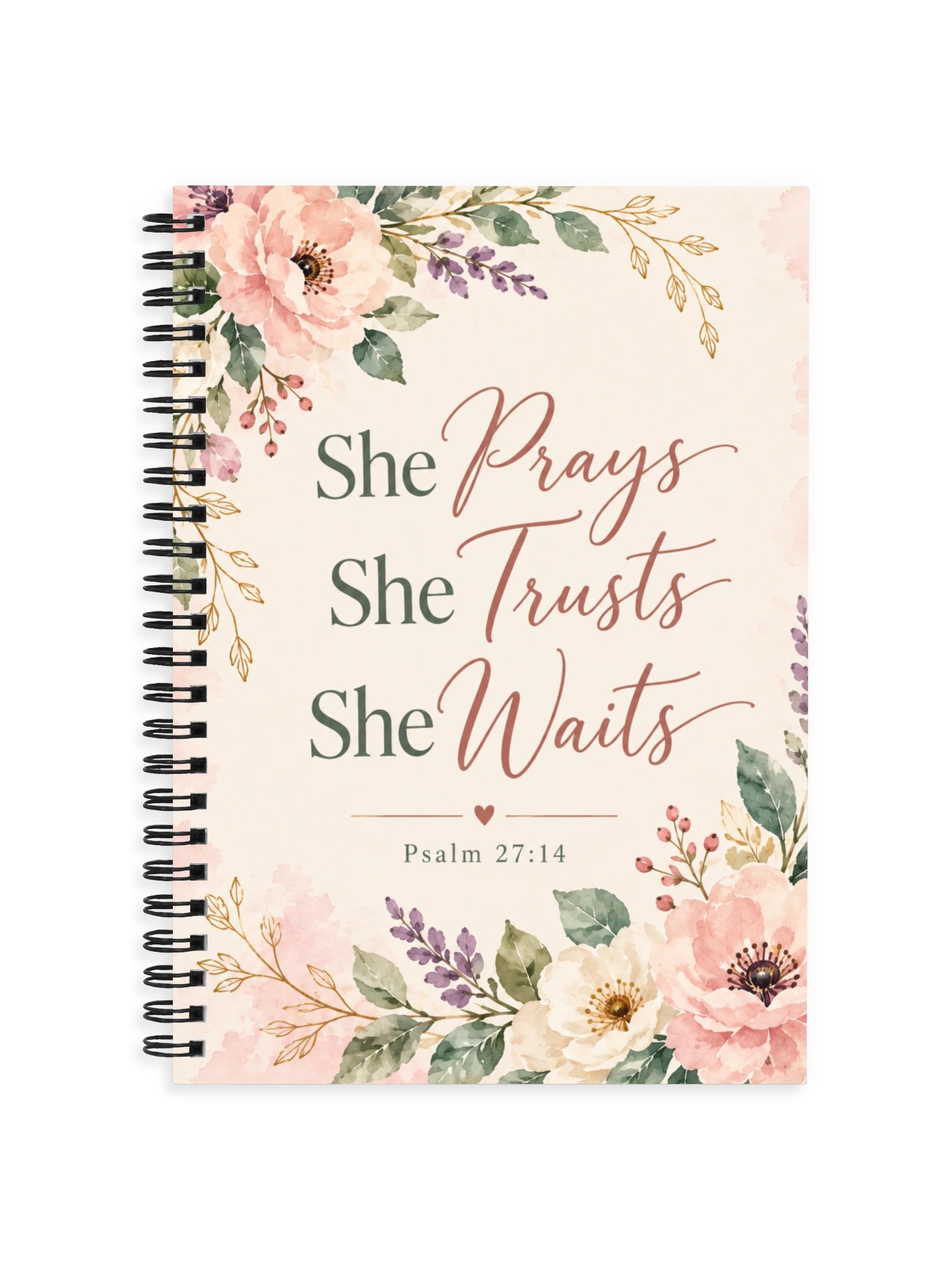 She Prays She Trusts She Waits Christian Spiral Notebook – Psalm 27:14 Prayer Journal & Bible Study Notes product image (1)