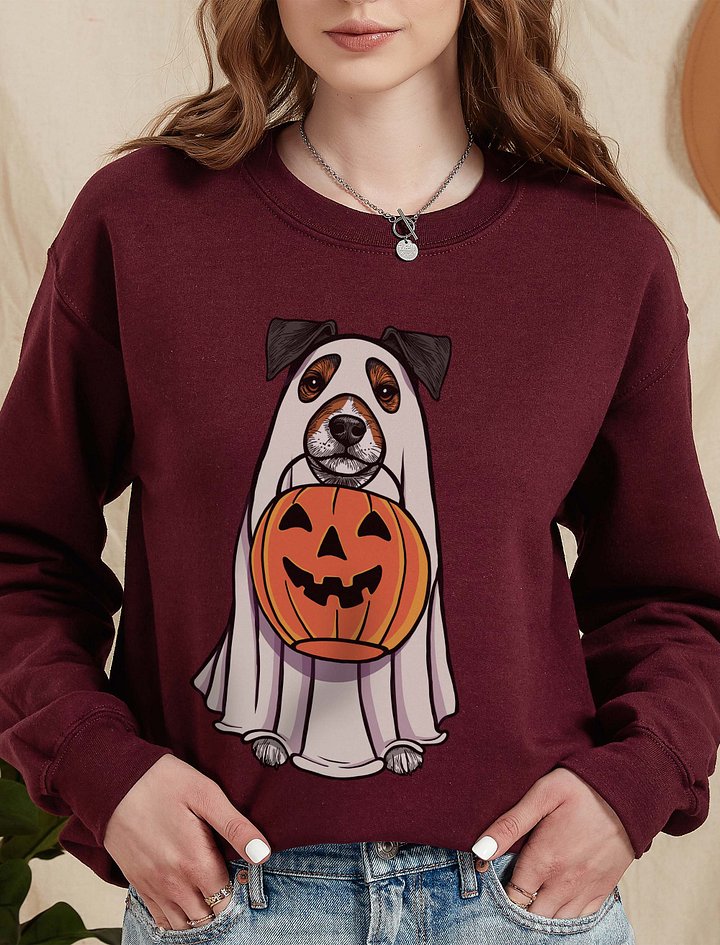 Funny Halloween Jack Russell Terrier(Grizzle) Sweatshirt | Funny JRT Wearing a Ghost Costume and Holding a Pumpkin Basket product image (2)