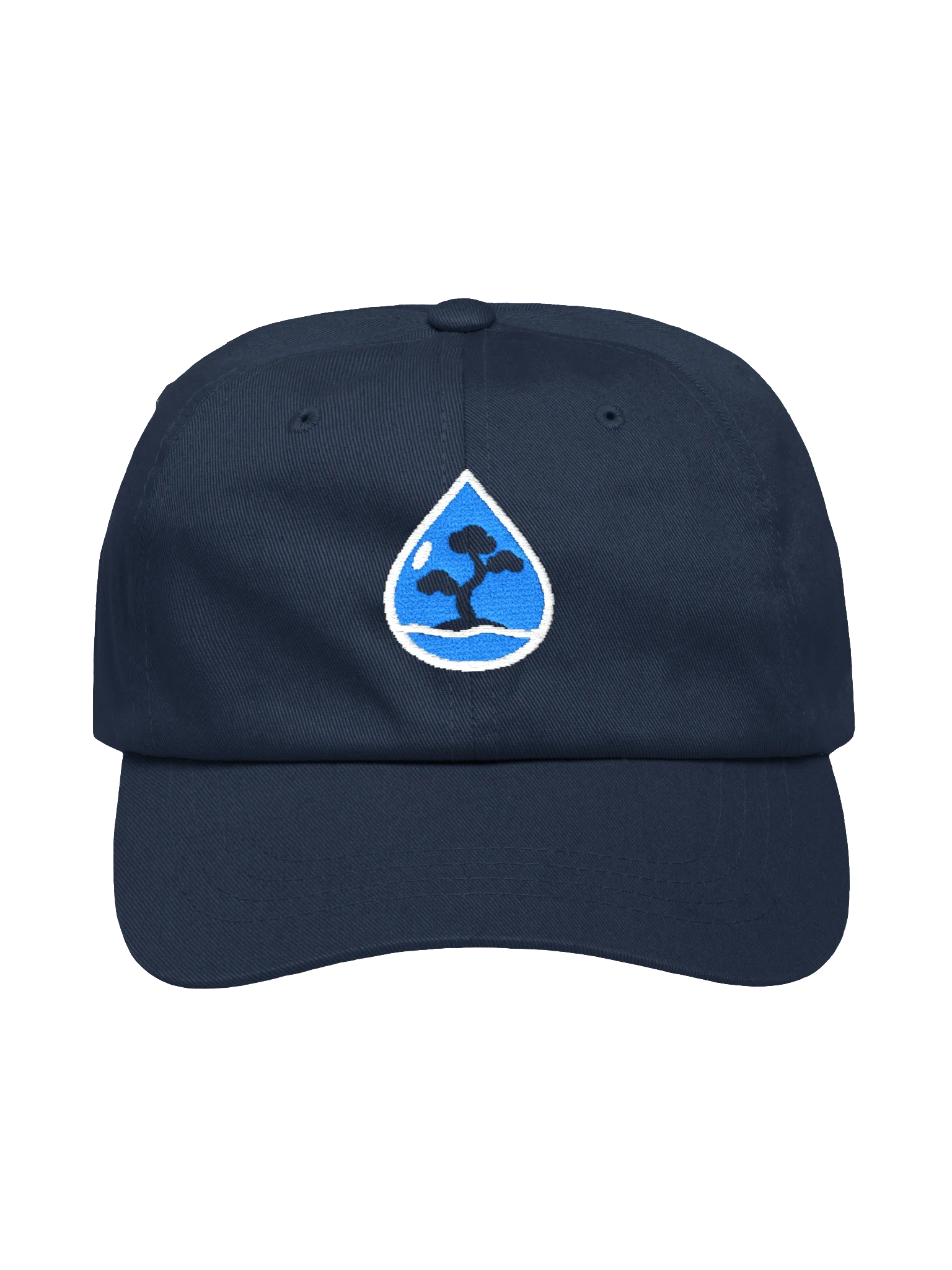 Juniper Drip Dad Hat in Navy: the Juniper Drip water droplet with a juniper tree inside