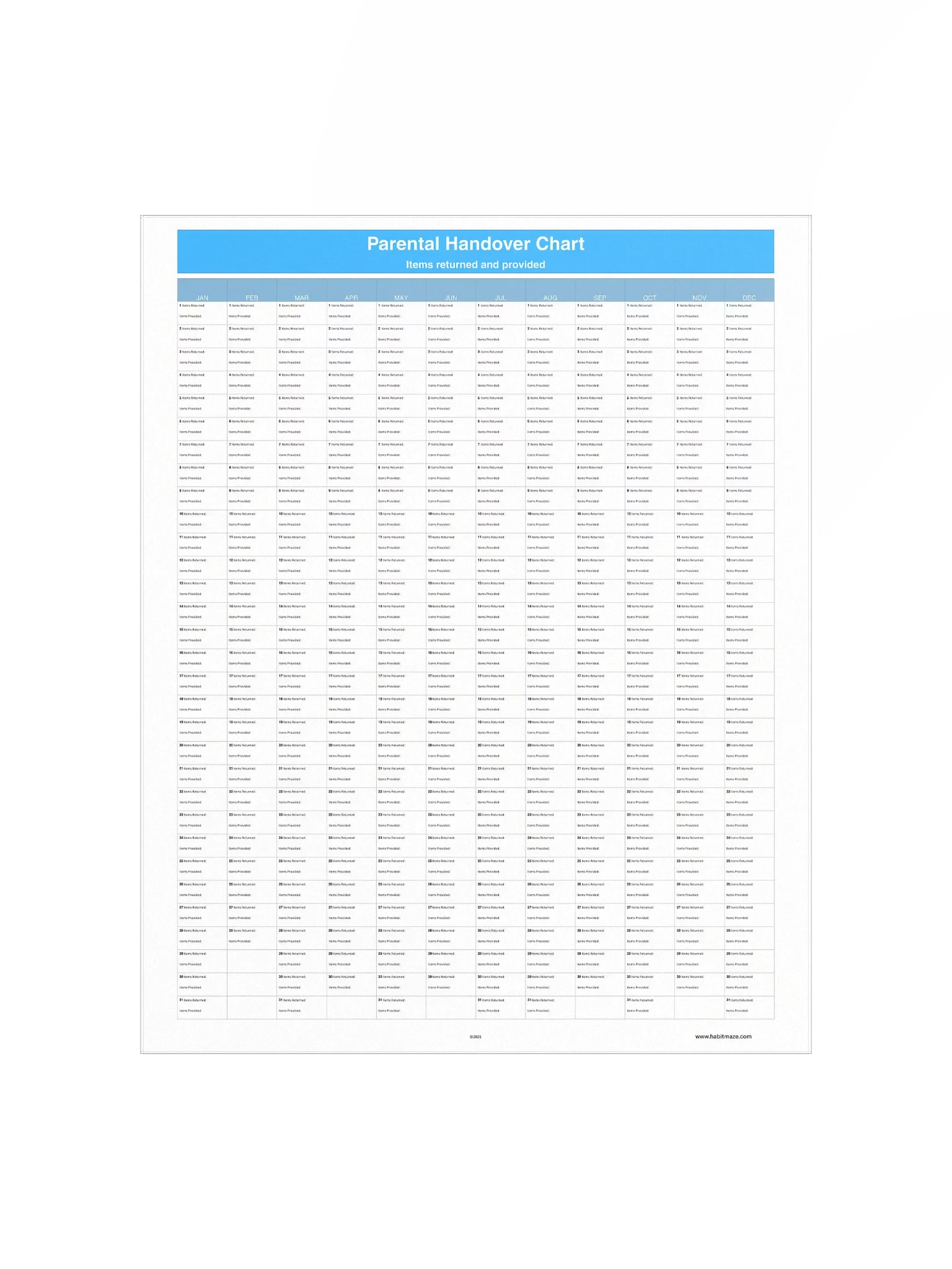Parental Handover Chart ( 1 Year ) product image (2)
