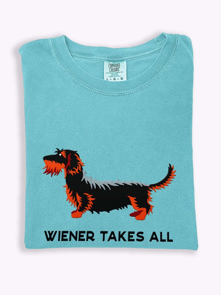 Wiener Takes All T-Shirt(Embroidered) of a Wirehaired Dachshund(Black & Tan) product image (1)