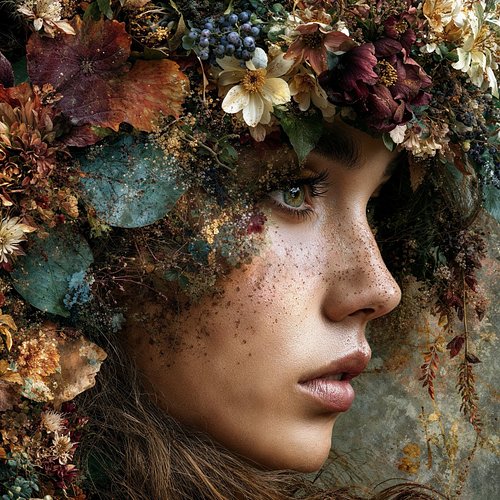 She wears the harvest in her hair. Grapes like tiny moons, flowers in their final bloom, all the earth's secrets woven close....