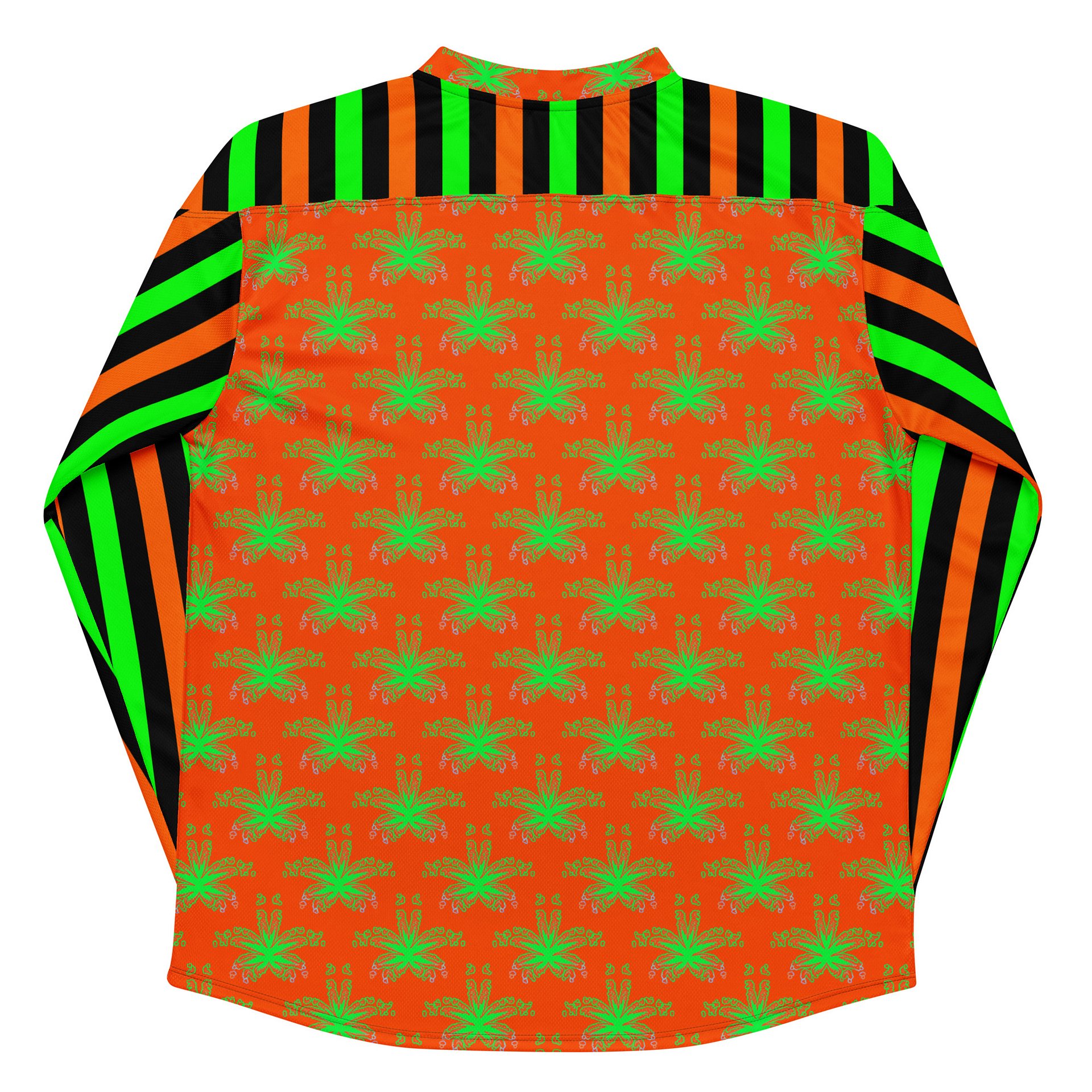 Weed Halloween Hockey Jersey, Cannabis 420 EDM Shirt, Pot Leaf Festival Ravewear, Green Orange Black Stoner Circus Stripe Clowncore Clothing product image (8)