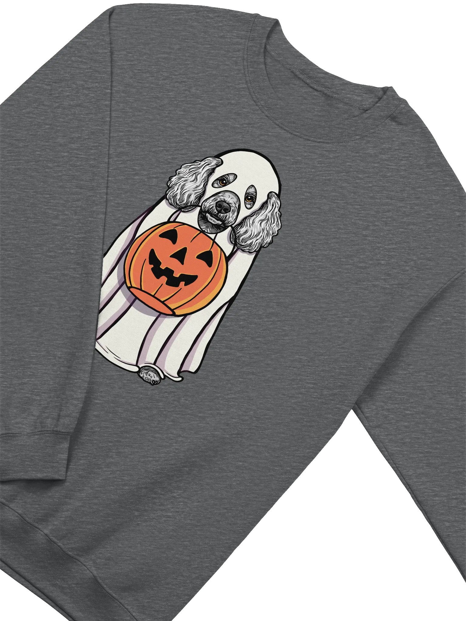 Funny Halloween Mini Poodle(Gray) Sweatshirt | Funny Poodle Wearing a Ghost Costume and Holding a Pumpkin Basket product image (4)