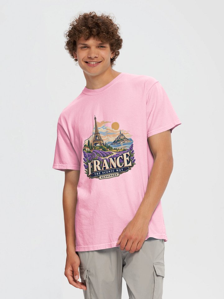 France Eiffel Tower graphic on a pink T-shirt