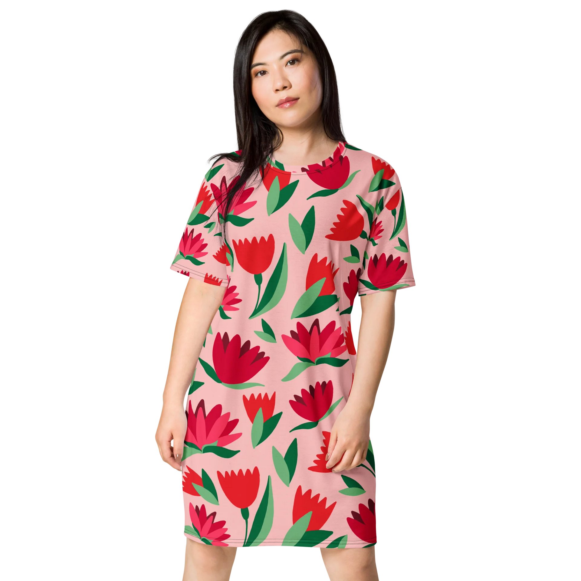 Vibrant Pink Floral T-Shirt Dress - Oversized Trendy Design | TDSMUSIC.com product image (1)