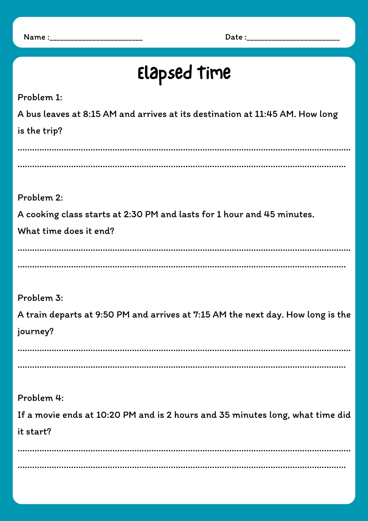 Elapsed Time Practice Worksheet - 10 Word Problems product image (1)