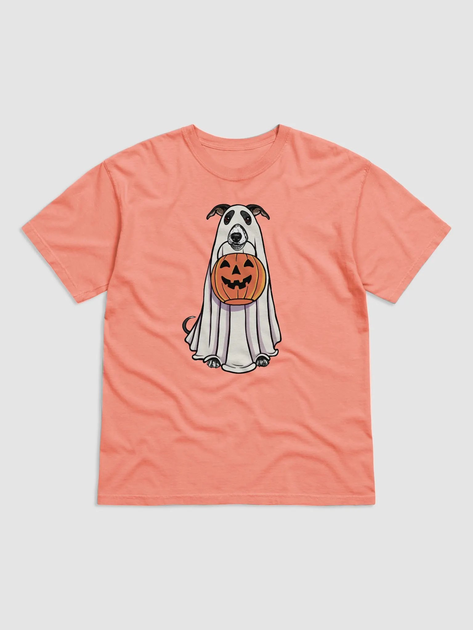 Funny Halloween Whippet(Black) T-Shirt | Funny Dog Wearing a Ghost Costume and Holding a Pumpkin Basket product image (1)