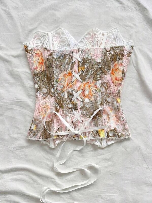 ADLEST Sexy Off-The-Shoulder Lace Double-Layer Fitted Corset Bustier Top, Floral Embroidered Hollow Out Romantic Sweet Bodysuit, Suitable For Vacation product image (2)