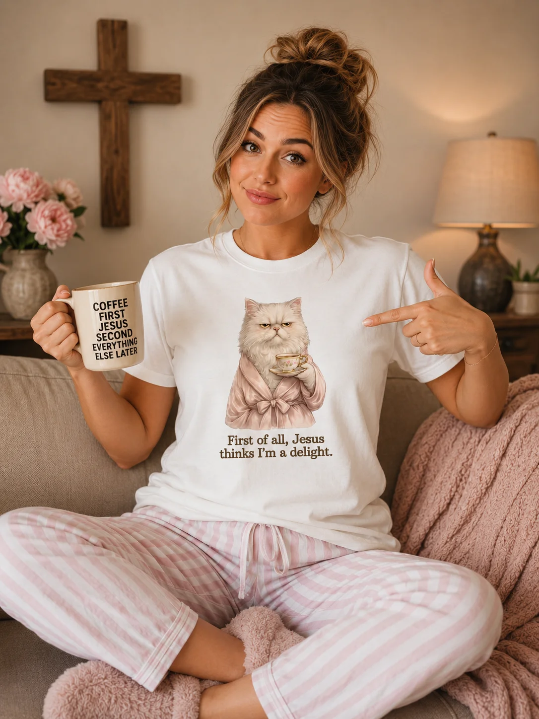 Funny Christian Cat Shirt, First of All Jesus Thinks I'm a Delight T-Shirt, Grumpy Persian Cat Tee, Faith Humor Shirt, Bella Canvas SuperSoft Tee product image (2)