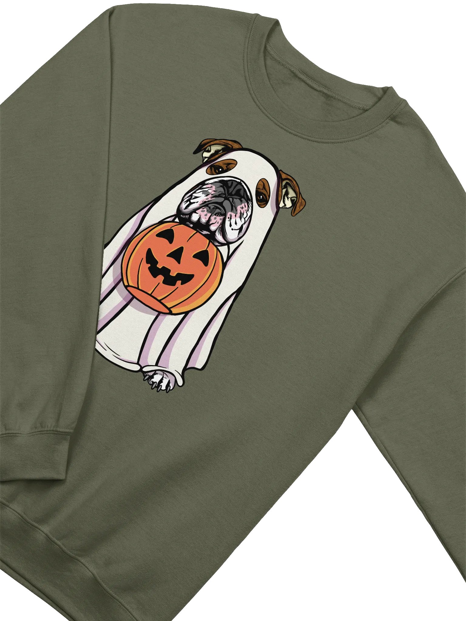 Funny Halloween English Bulldog(Brindle) Sweatshirt | Funny English Bulldog Wearing a Ghost Costume and Holding a Pumpkin Basket product image (4)