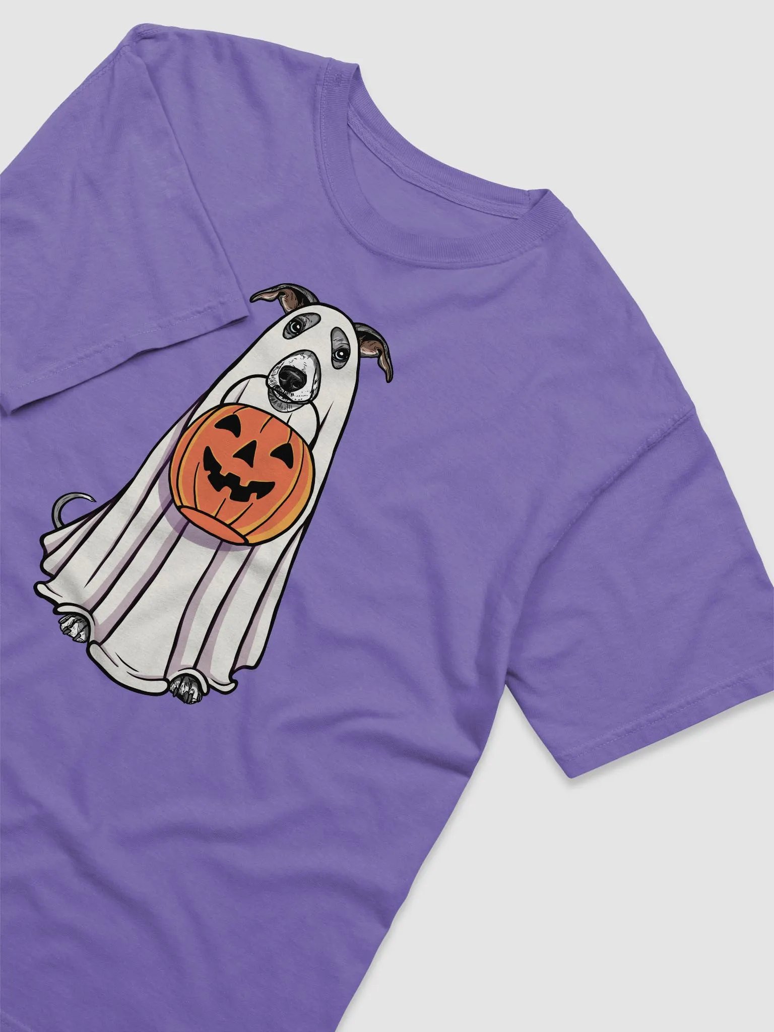 Funny Halloween Whippet(Blue & White) T-Shirt | Funny Dog Wearing a Ghost Costume and Holding a Pumpkin Basket product image (6)