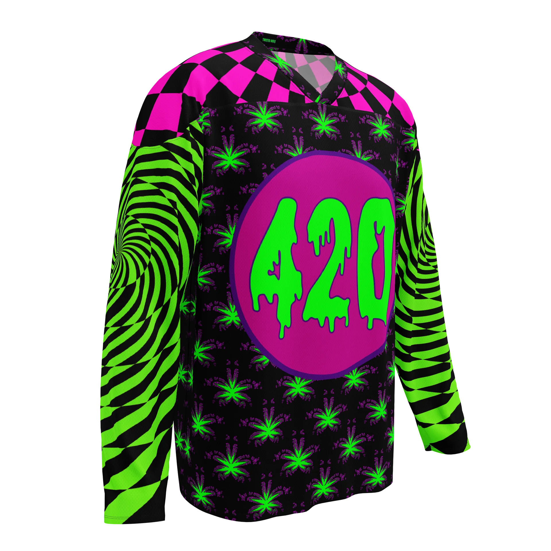 Twisted 420 Weed Rave Hockey Jersey, Psychedelic Spiral EDM Festival Shirt, Pot Leaf Trippy Techno Top, Neon Green Pink Cannabis Clothing product image (3)